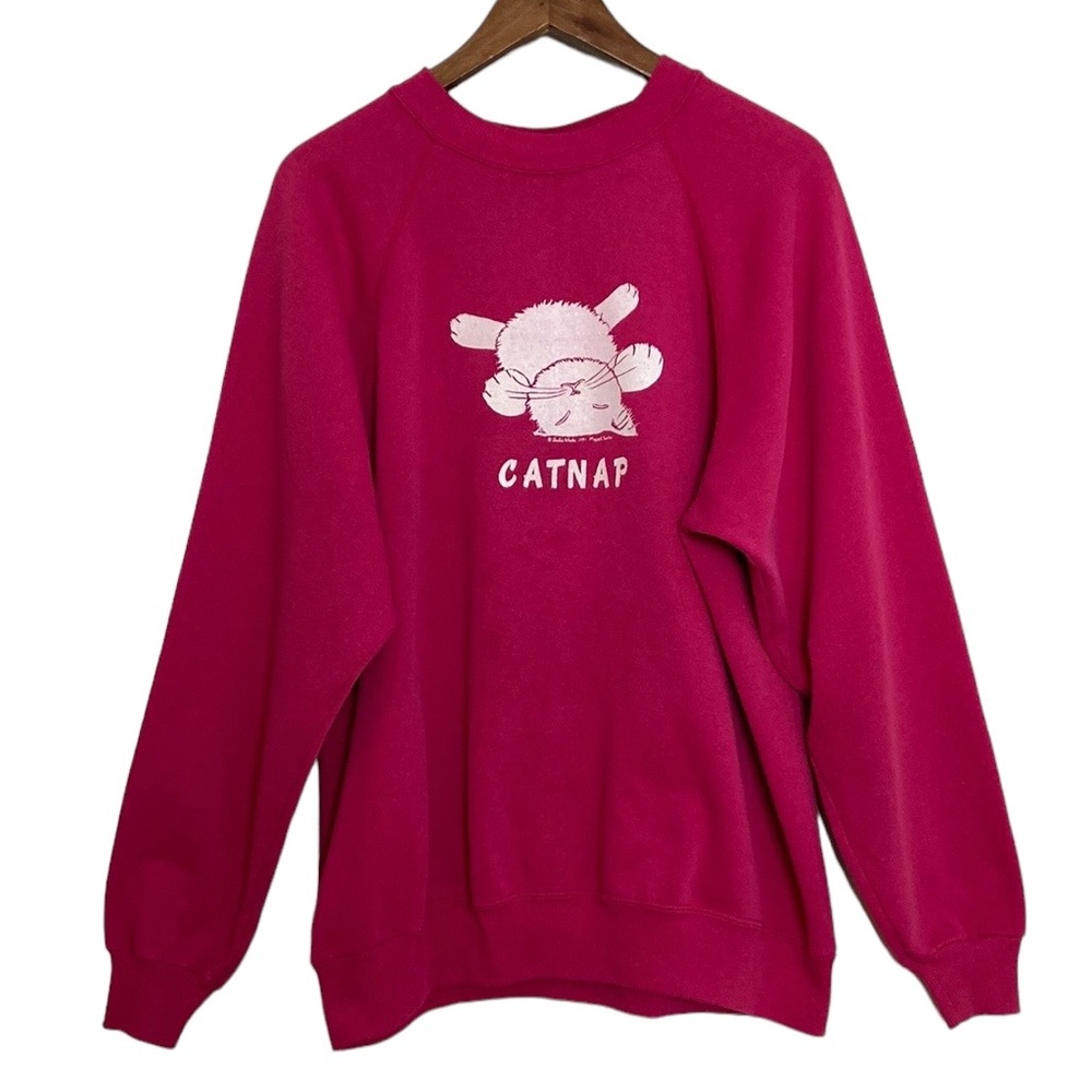 Vintage 90s Sweatshirt Womens XL Pink Fleece Cat Nap Cute Funny Crazy Cat Lady